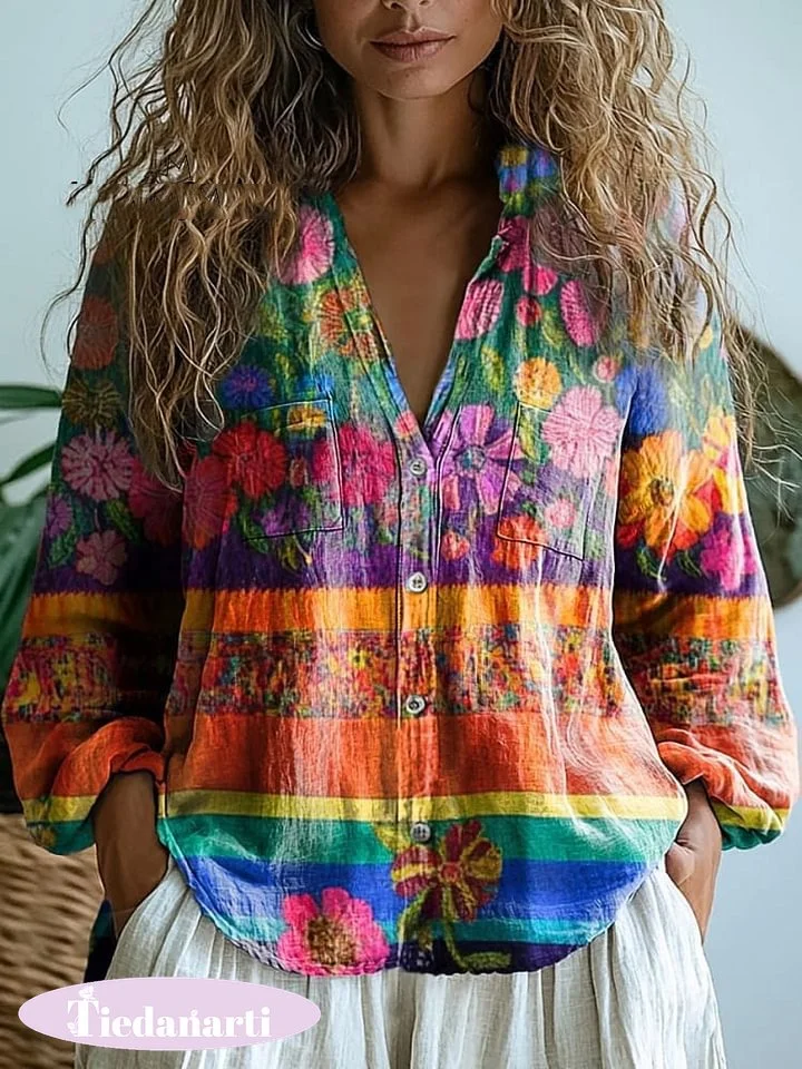 Women's Colorful Patchwork Floral Pattern Casual Long Sleeve Comfortable Cotton Shirt