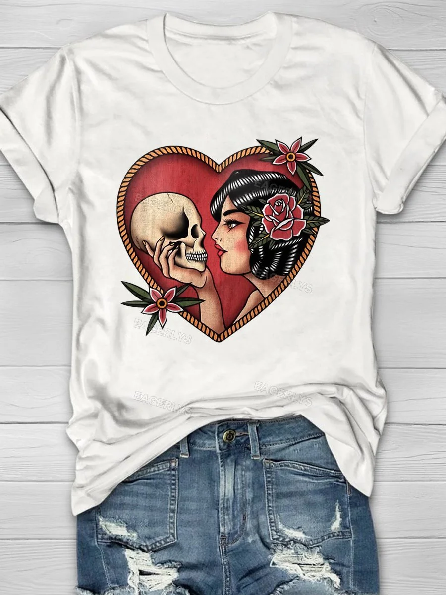 Eagerlys Beauty And The Dead Skull Floral Short Sleeve T-shirt Eagerlys