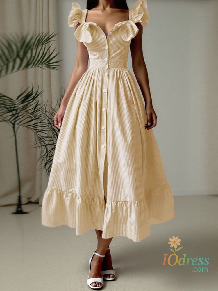 IO Dress Shop 2025 Summer Women Dress Vintage Striped Print Sexy Ruffled Sleeveless Robe Swing Midi Vestido Buttons Beach Holiday Dress IO Dress