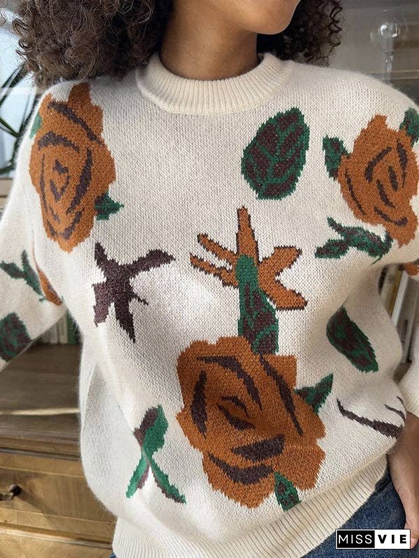 Long Sleeves Loose Flower Print Round-Neck Pullovers Sweater Tops
