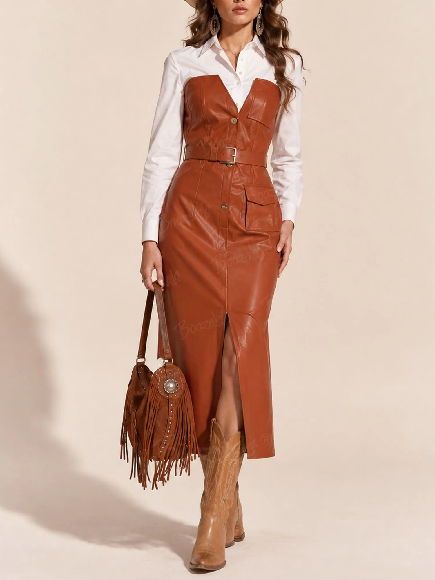 Perfect for Rodeo Competitions &mdash; Brown, Belted Slim Fit, Premium Leather Patchwork, 2026 Spring/Autumn Women&rsquo;s Chic Pinafore Midi Dress