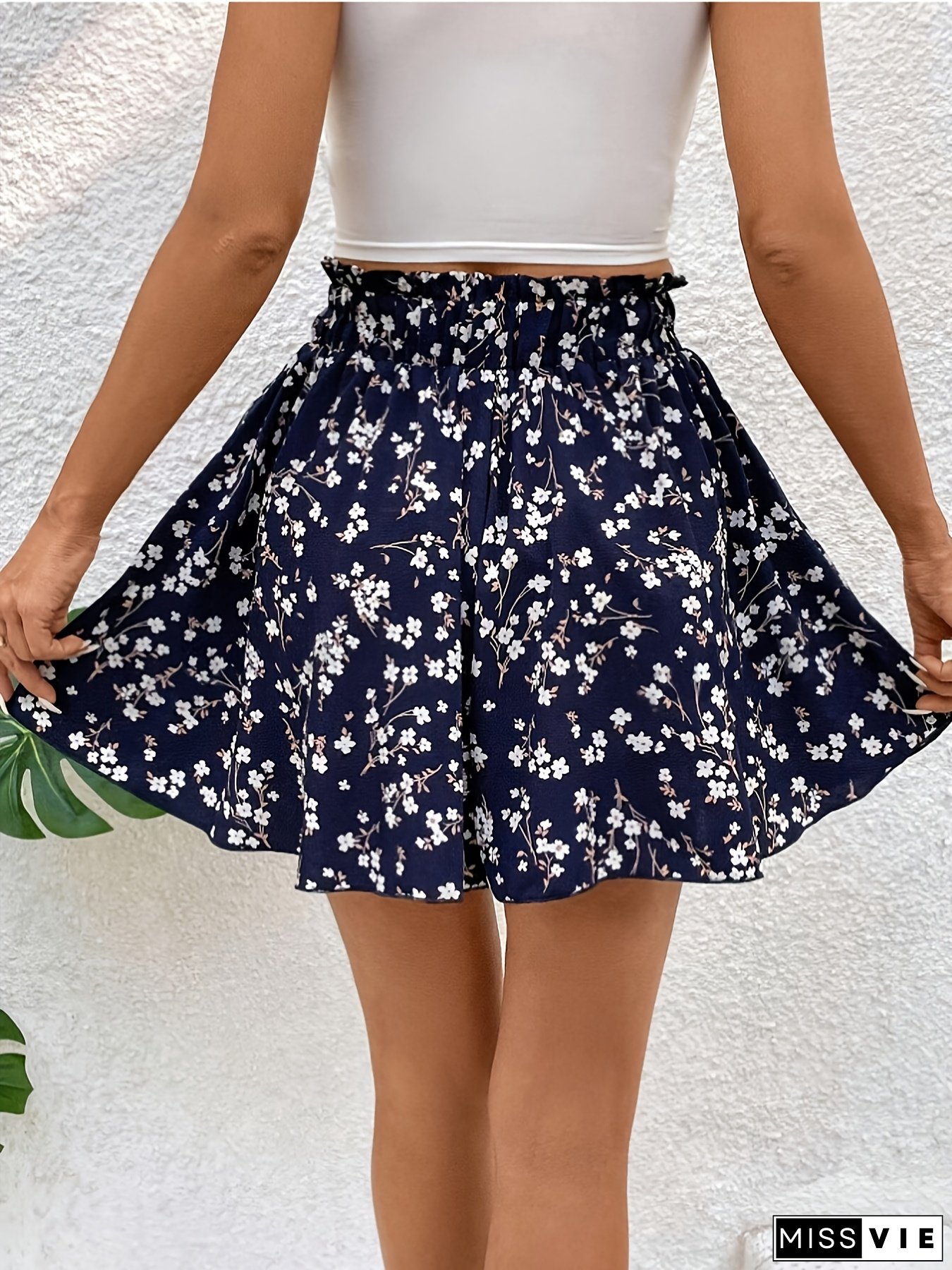 Women&lsquo;s High-Waisted Floral Print Casual Shorts with Fake Drawstring Detail - Lightweight, Summer-Ready, and Perfect for Vacation or Casual Attire, High Waisted Shorts