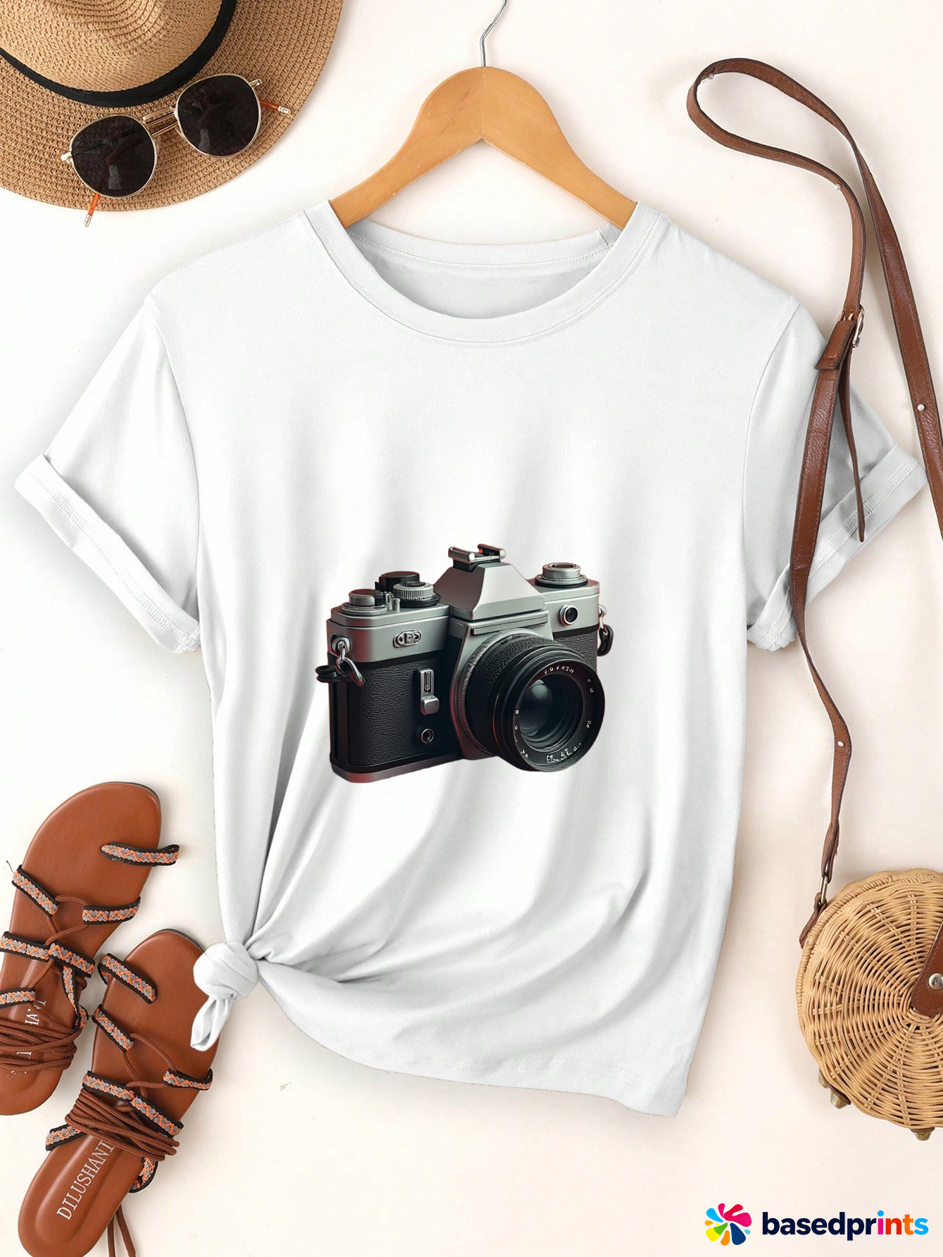 White Casual T-Shirt with Camera Print