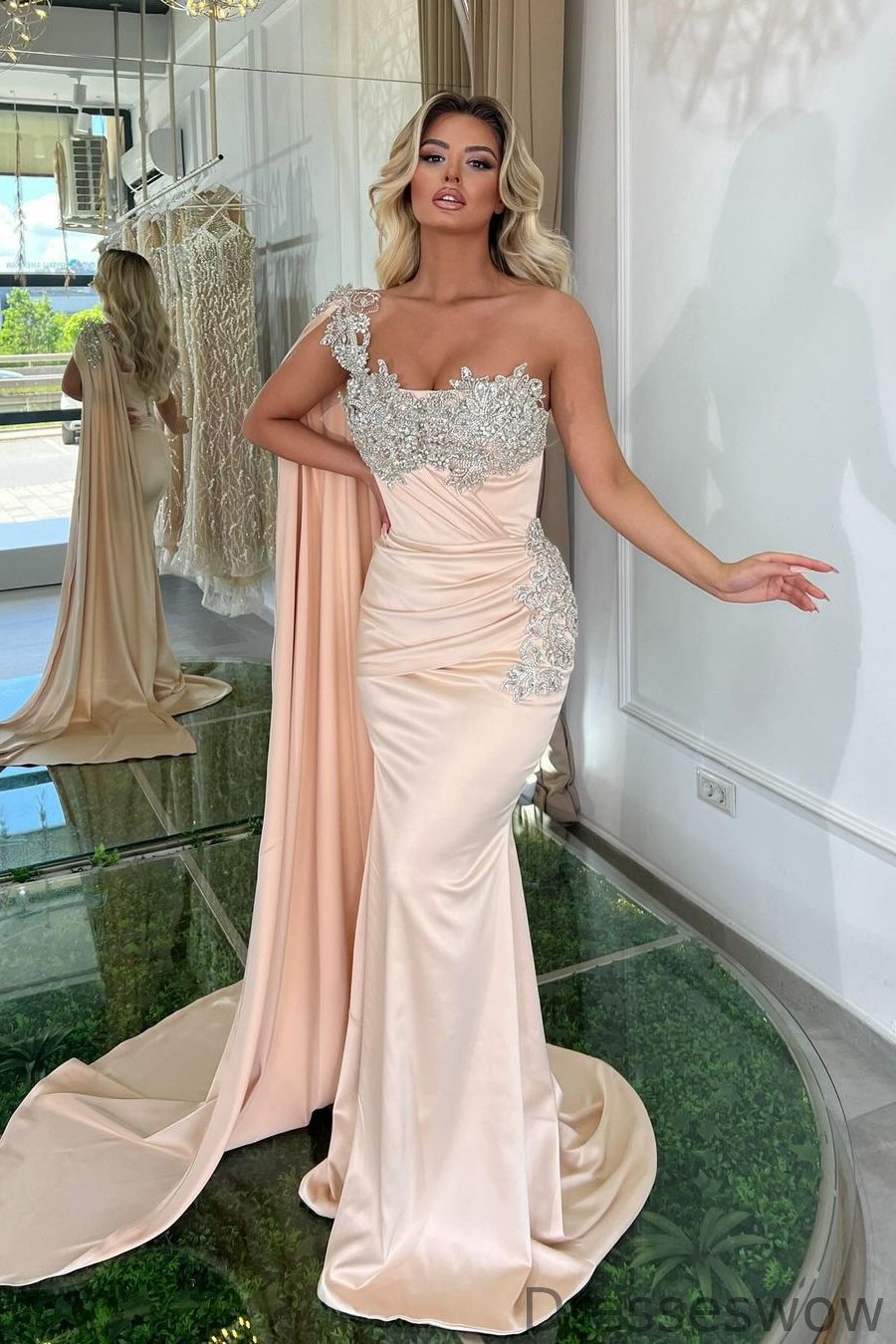 Dresseswow Champagne One Shoulder Ruffle Sleeve Mermaid Prom Dress With Beadings Crystals