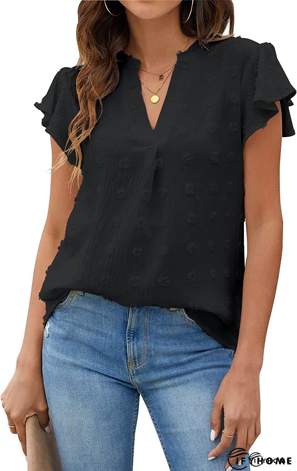 Lace Detail V-Neck Flounce Sleeve Blouse | IFYHOME