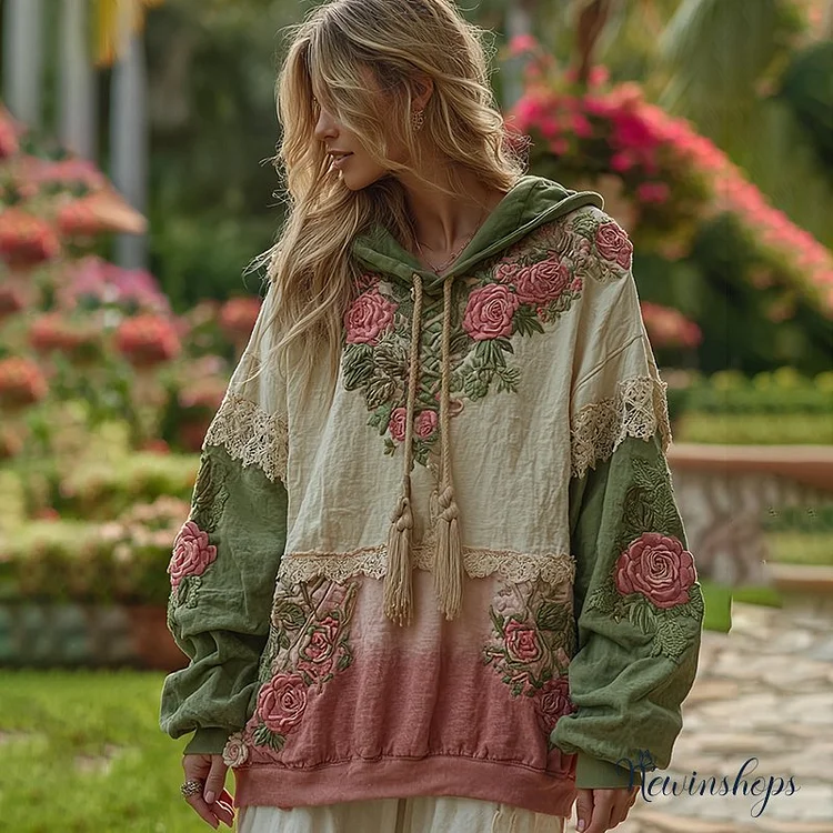Women's Retro Floral Patch Art Comfortable Warm Hoodie