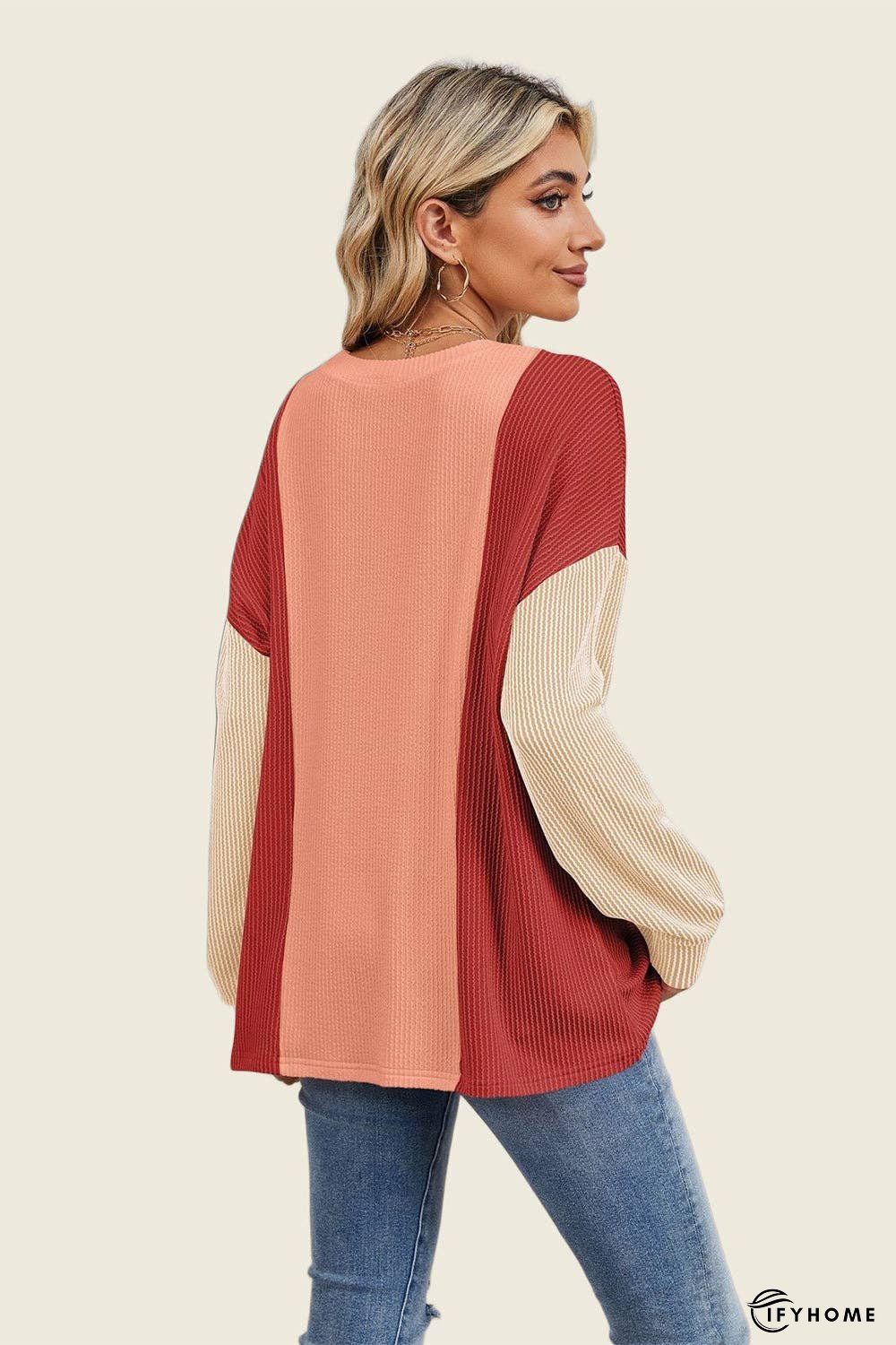 Double Take Texture Contrast Round Neck Long Sleeve T-Shirt | IFYHOME