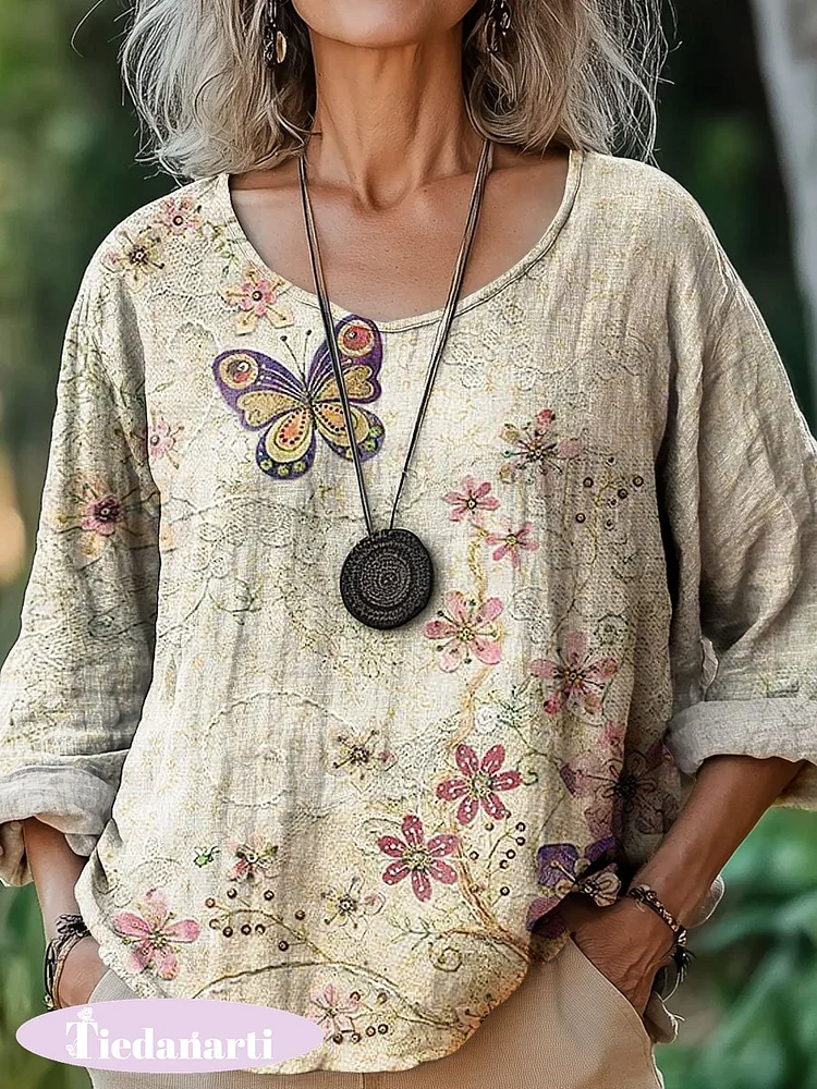 Women's Vintage Butterfly Floral Art Print Casual Cotton And Linen Shirt