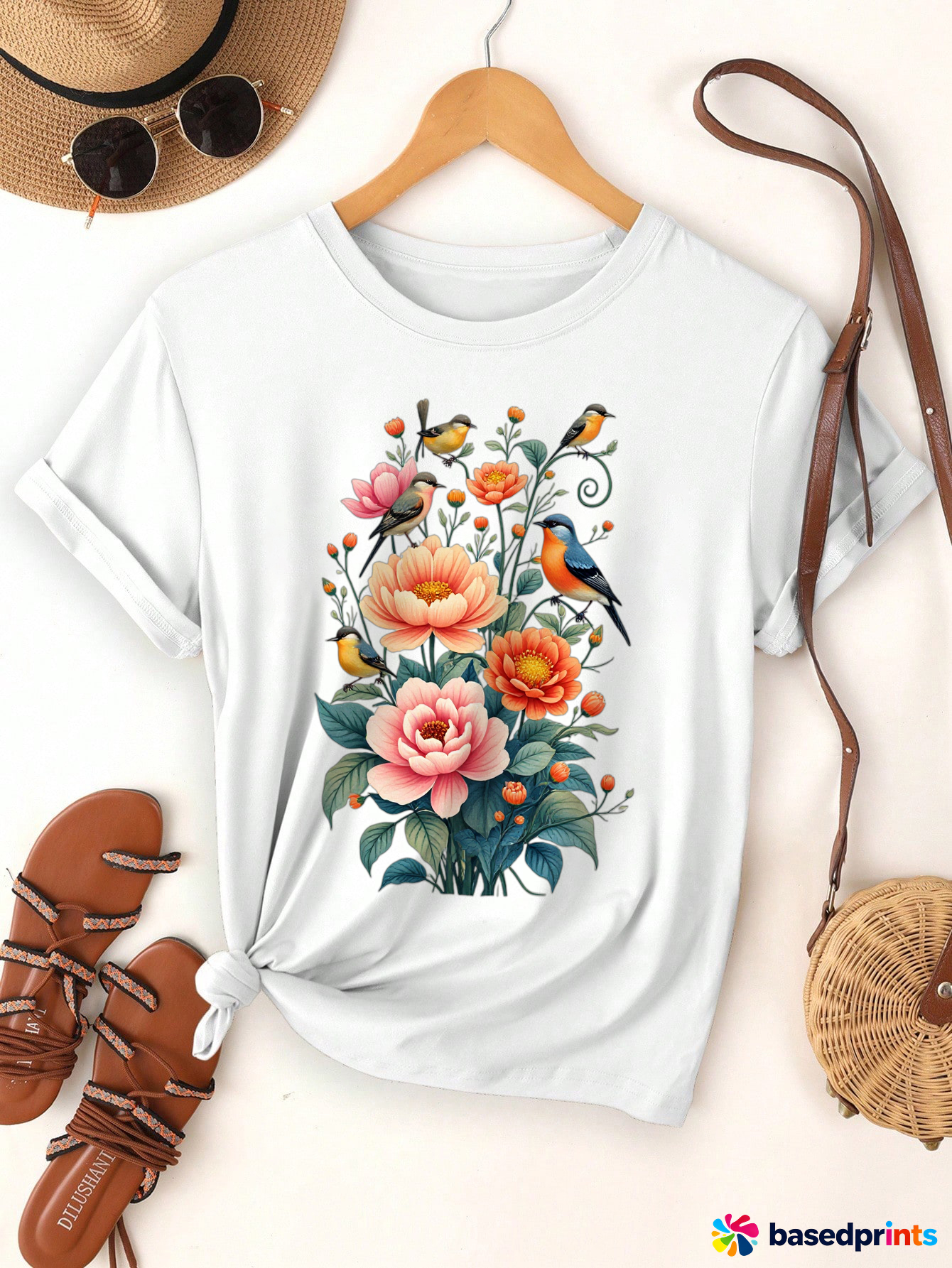 Summer Floral Bird Print Casual T-Shirt Women Short Sleeve Cotton Tee Tops
