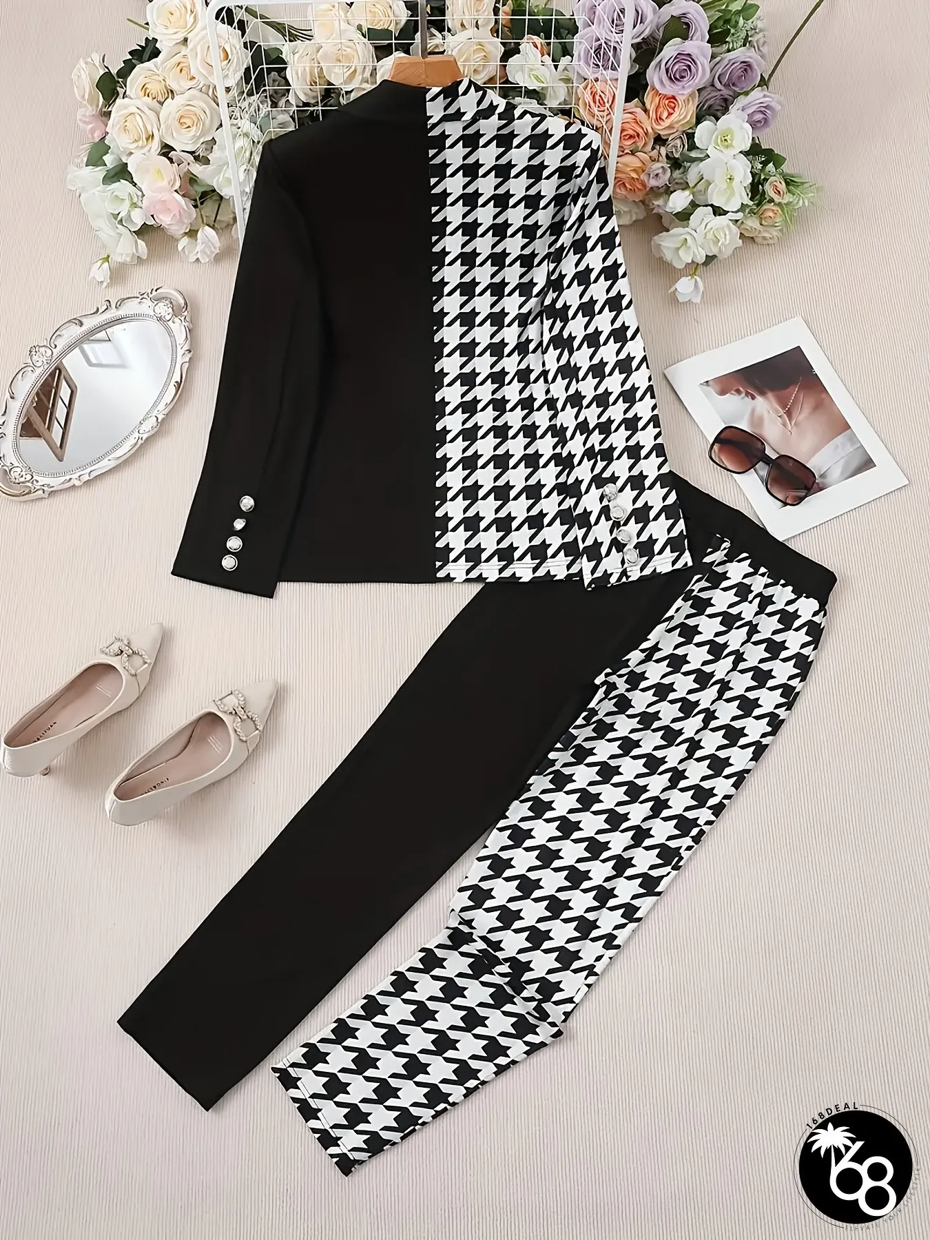 Womens Houndstooth Print Blazer Pants Set Chic Long Sleeve Button-Up Suit with Contrast | 168DEAL