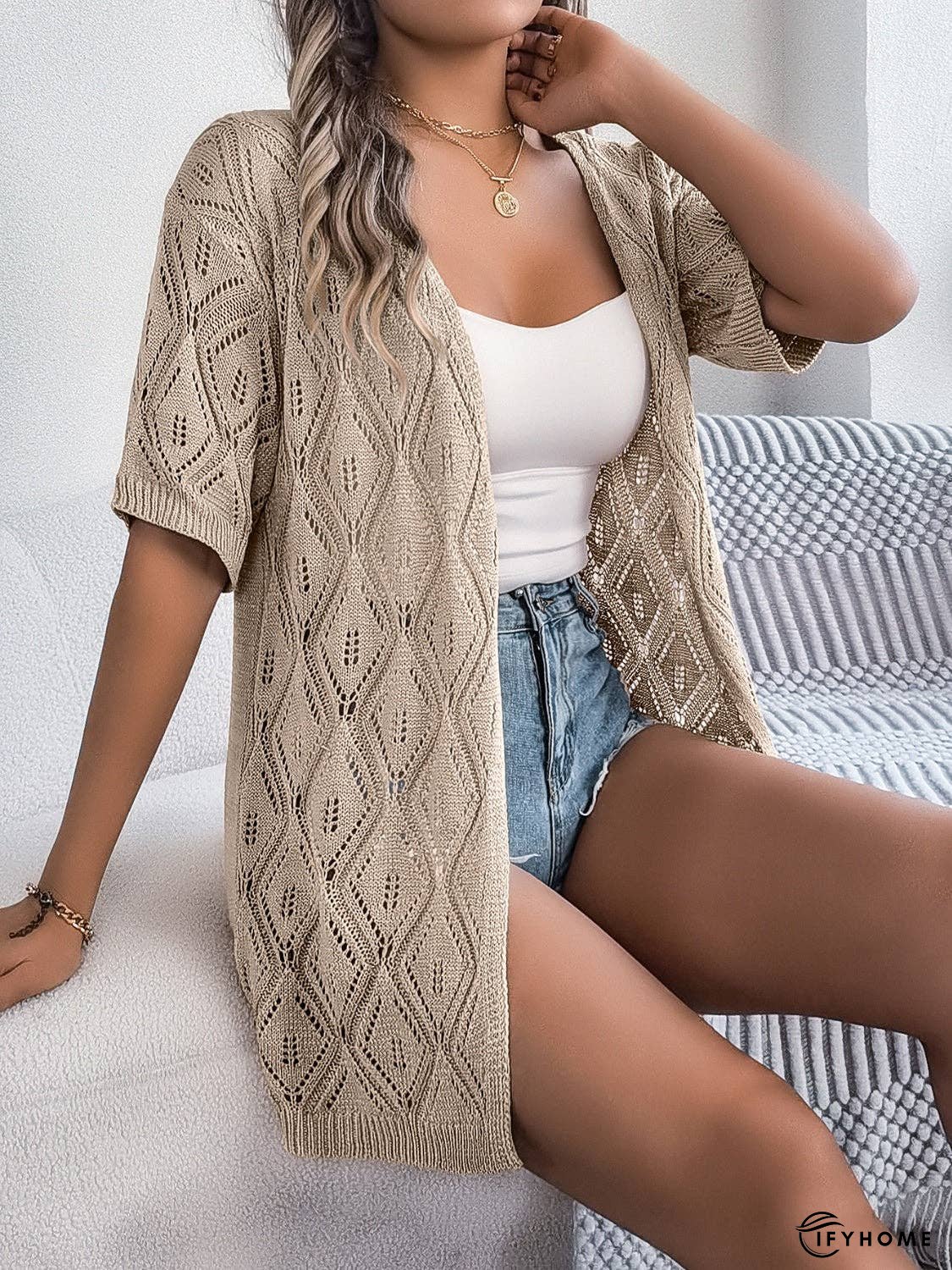 Openwork Open Front Half Sleeve Cardigan | IFYHOME
