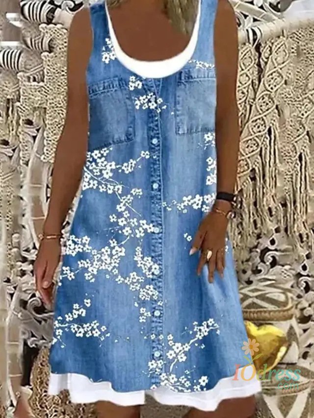 IO Dress For Women Print Dress Summer Sleeveless Fake Two Piece Loose Casual Dresses Female O Neck Holiday Party Dress Vestidos IO Dress Store