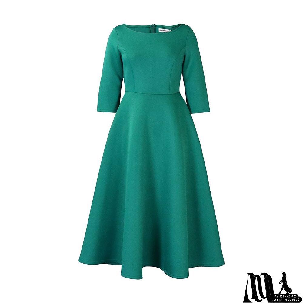 Elegant French-Inspired Midi Dress With Ruffled Hem - Light Green, Long Sleeves, Round Neck, Cinched Waist, Perfect For Spring & Fall, Casual Elegance|Ruffled Hem Dress|Cinched Waist Design