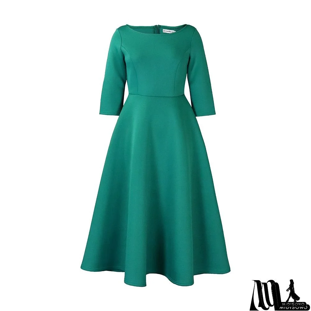 Elegant French-Inspired Midi Dress With Ruffled Hem - Light Green, Long Sleeves, Round Neck, Cinched Waist, Perfect For Spring & Fall, Casual Elegance|Ruffled Hem Dress|Cinched Waist Design