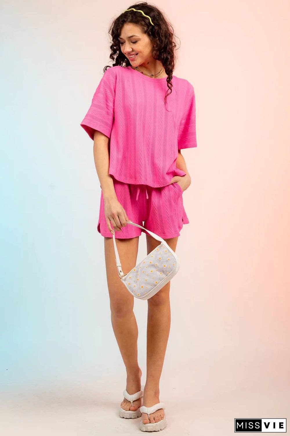 Textured Round Neck Top and Shorts Set