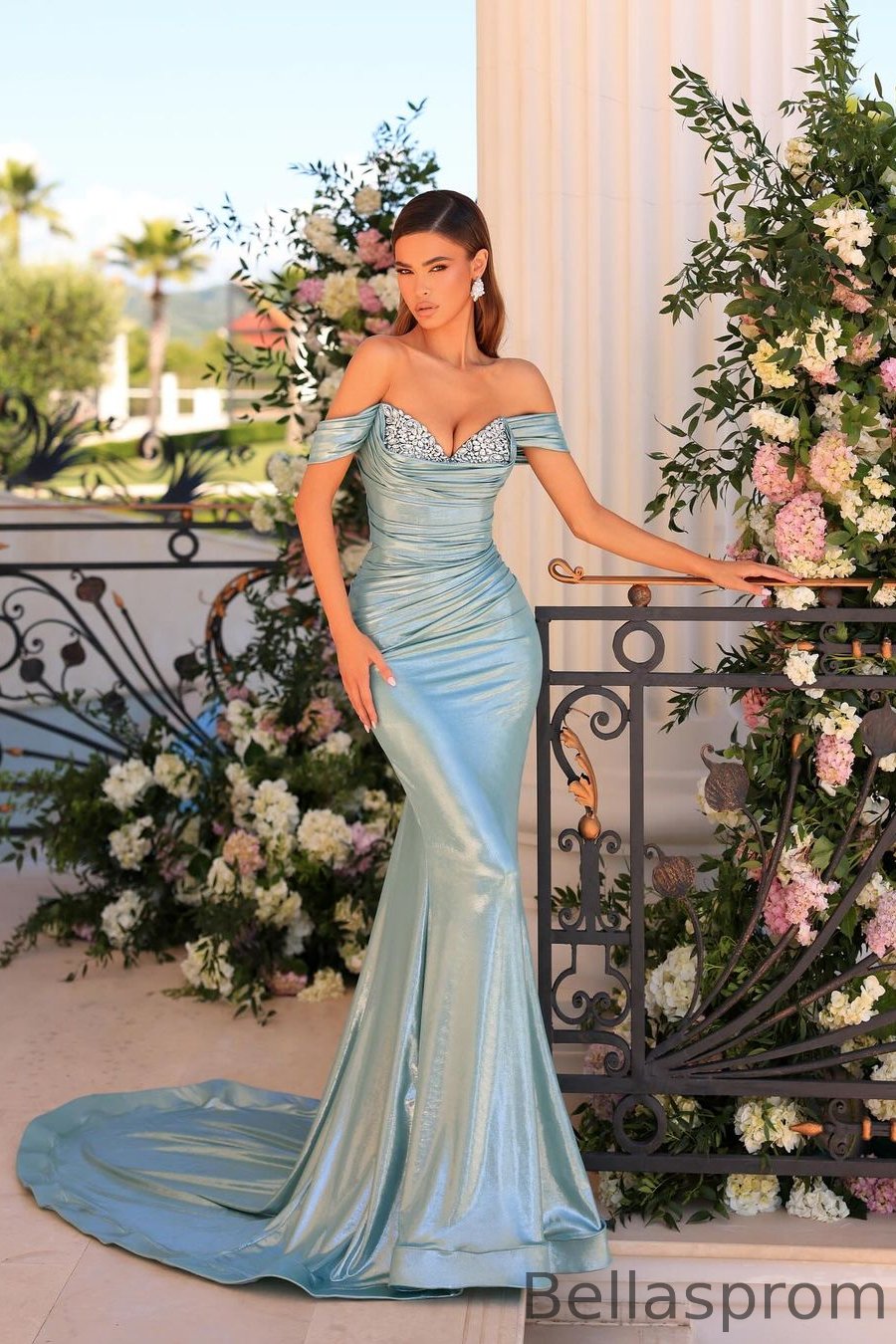Bellasprom Dusty Blue Sweetheart Off-the-Shoulder Sleeveless Mermaid Prom Dress With Beads Bellasprom