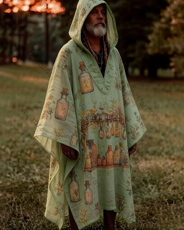Men's Summer Fashion Hippie Magic Potion Embroidered Linen Hooded Kaftan 4063