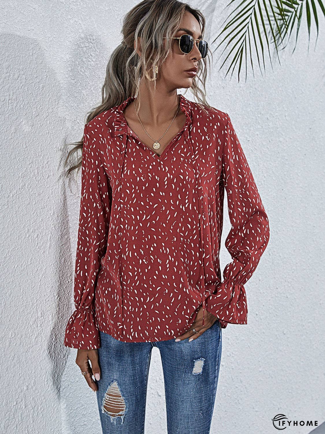 Ruffle Stand Tie Neck Top | IFYHOME