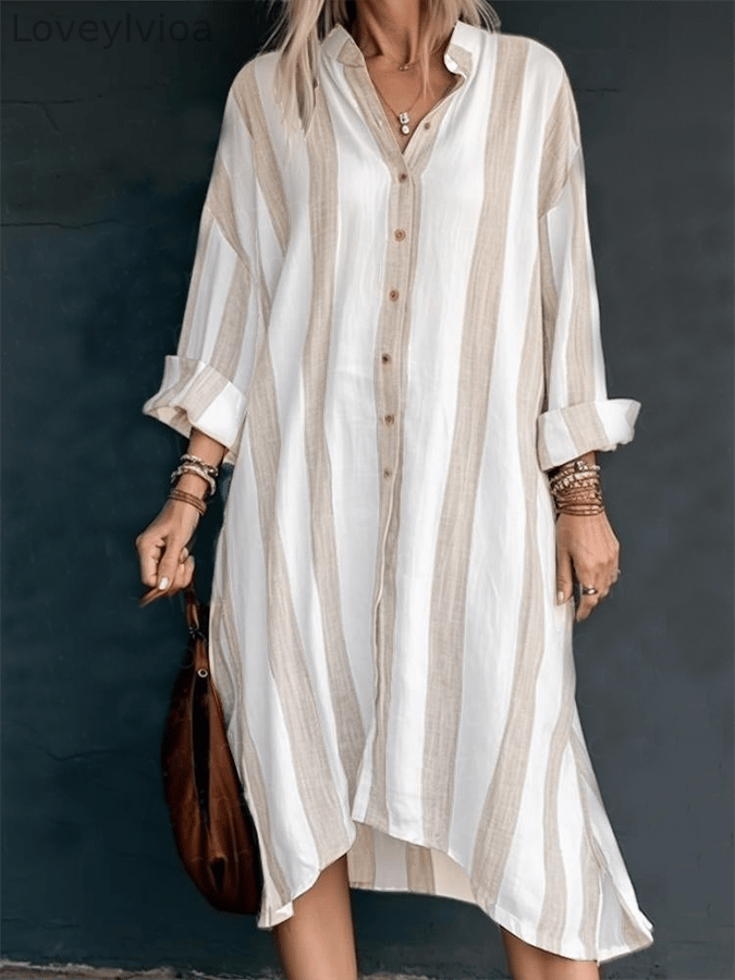 Ladies Retro Classic Stripe Design Casual Shirt Dress
