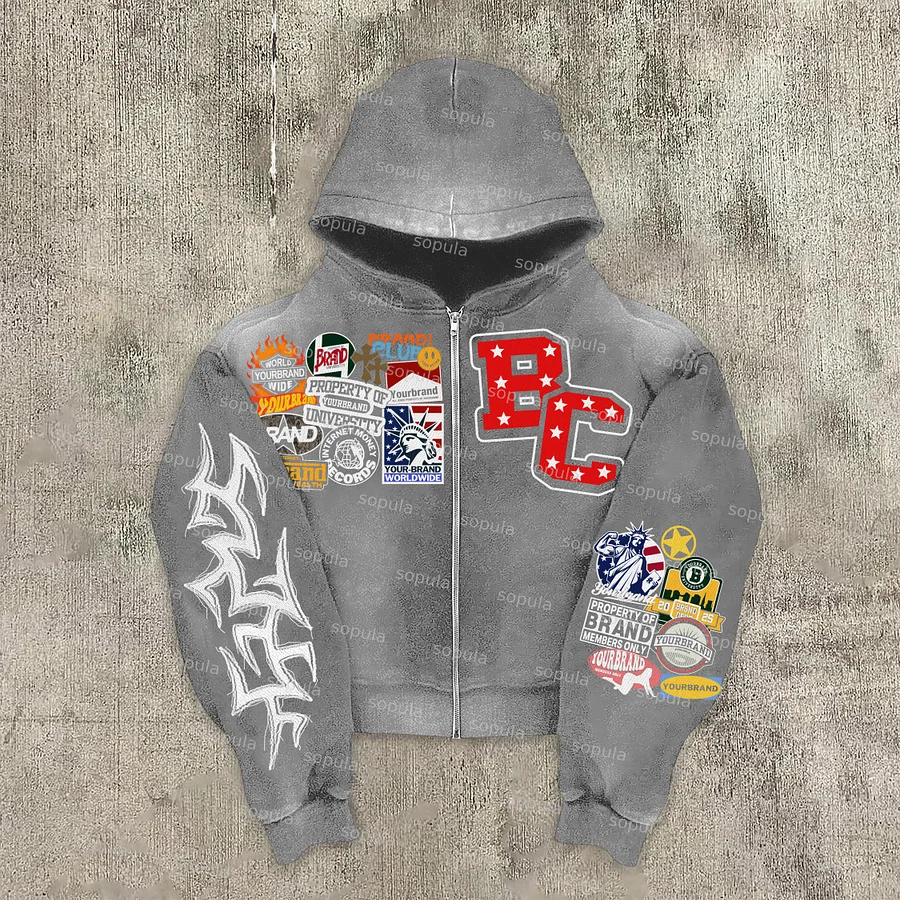Sopula Vintage Warzone Peace Club Graphic Washed Zip-Up Hoodie
