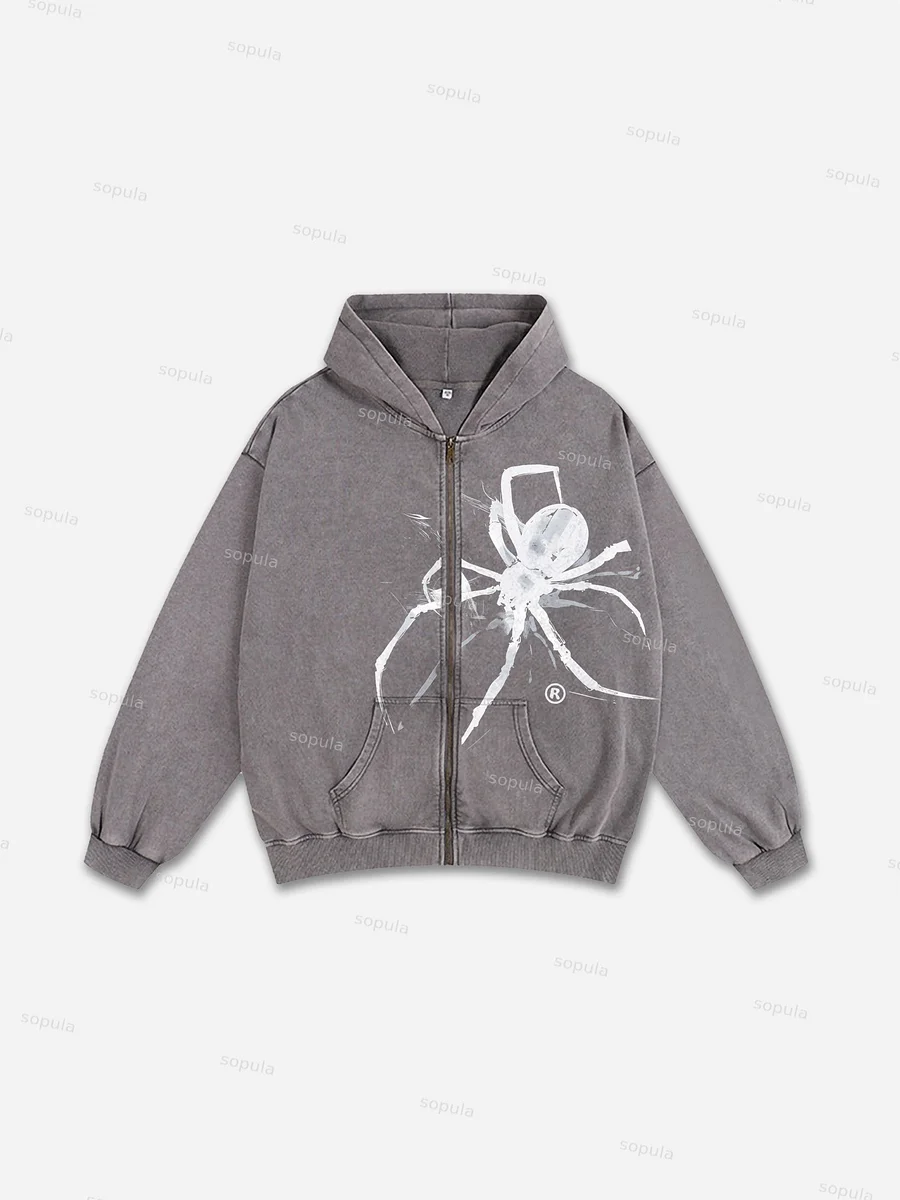 Sopula Relaxed Vintage Spider Graphic Acid Washed Oversized Zip-Up Hoodie