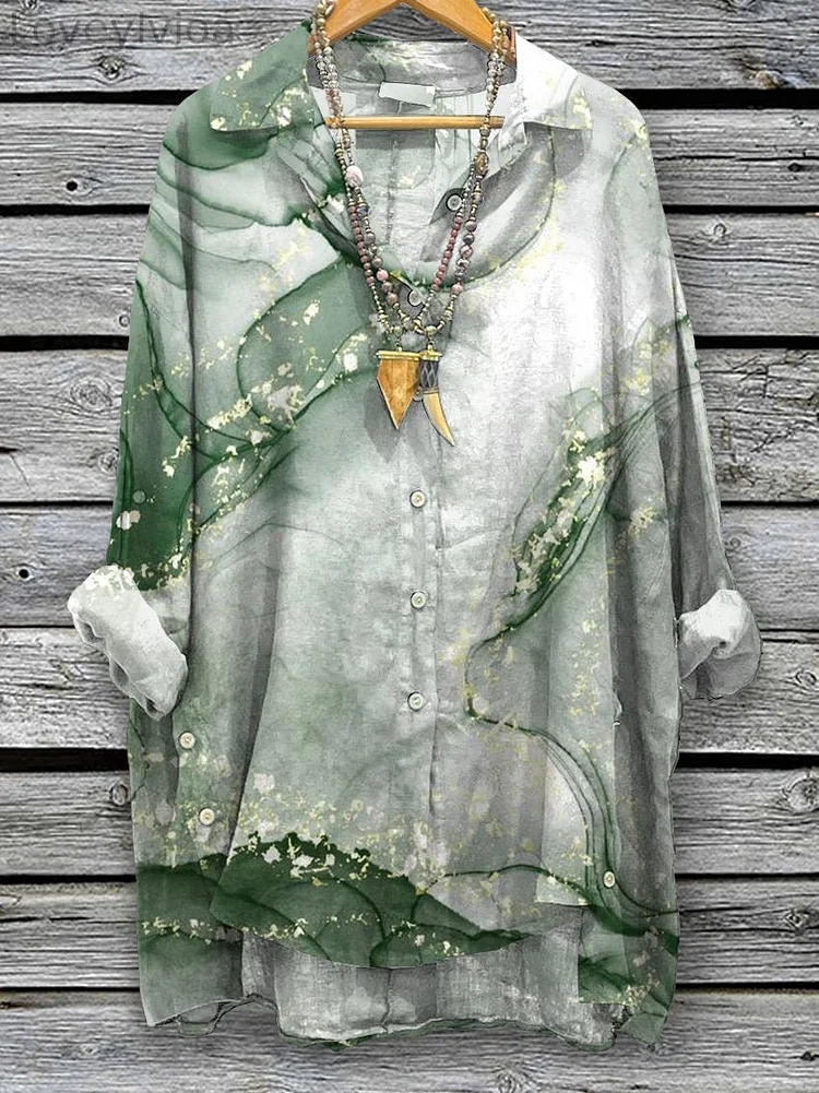 Women's Vintage Marble Print Casual Cotton And Linen Shirt