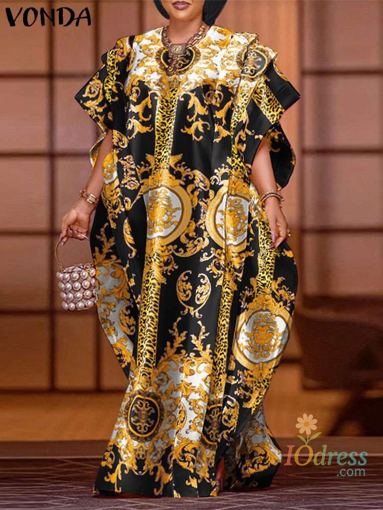 IO Dress VONDA Plus Size 5XL Fashion Maxi Long Dress 2024 Elegant Satin Dress Sexy Printed Patchwork Bat-wing Sleeve Vestidos Ruffle Robe