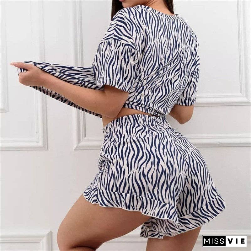 Leaf Print Hem Short Sleeve Pajama Set