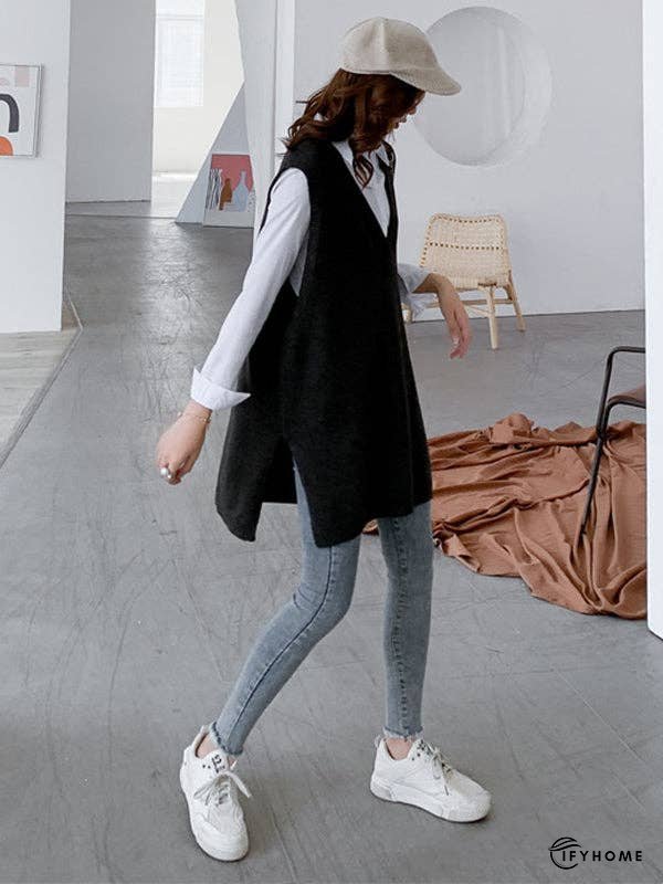Trendy Sleeveless Split-Side Solid Color V-Neck Knitted Vest | IFYHOME
