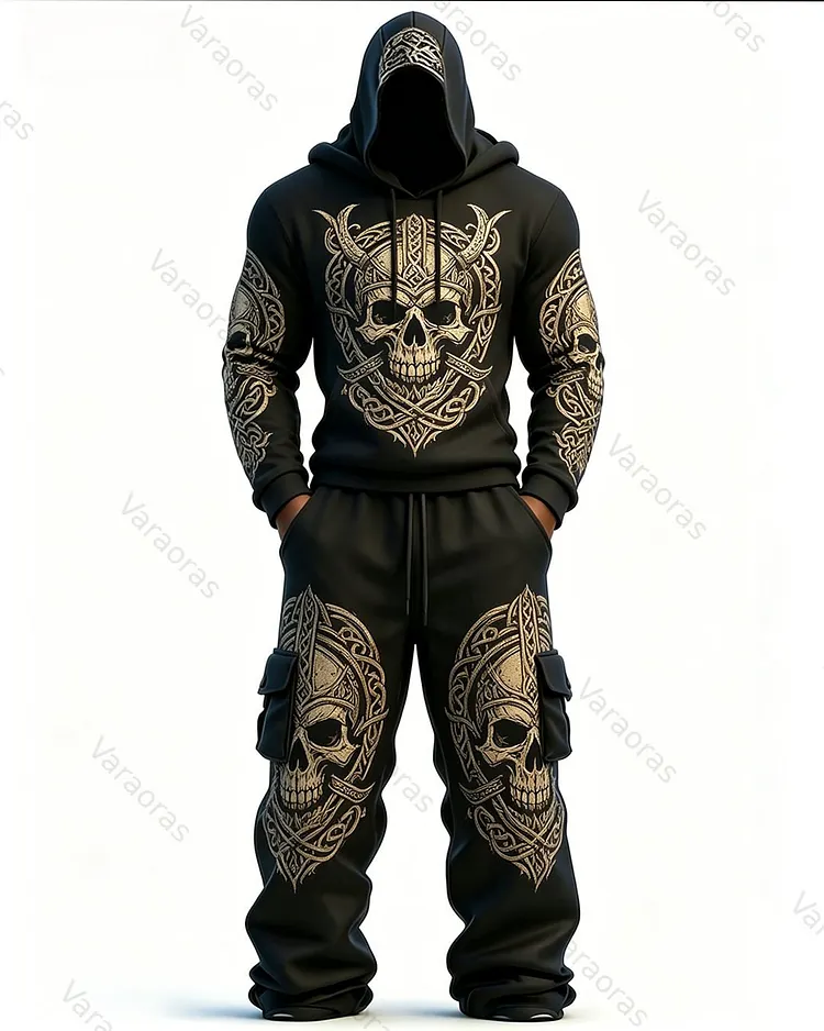 Men's Fashion Viking Contrast Color Skull Embroidered Hoodie & Pants Two-Piece Set 3433