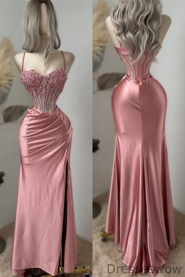 Dresseswow Dusty Pink Sweetheart Spaghetti-Straps Sleeveless Mermaid Prom Gown With Split Appliques