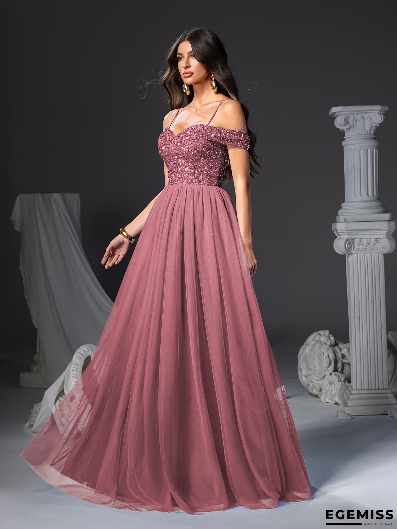 [2025 New Arrival Dress] 2025 New Arrival Off-the-Shoulder A-Line Long Dress with Sequin Mesh Hem, Elegant Party Dress for Women's Long Gown, Hostess Performance Dress, Bridesmaid Dress, Prom Dress, Concert Performance Dress, Award Ceremony Outfit | EGEMISS