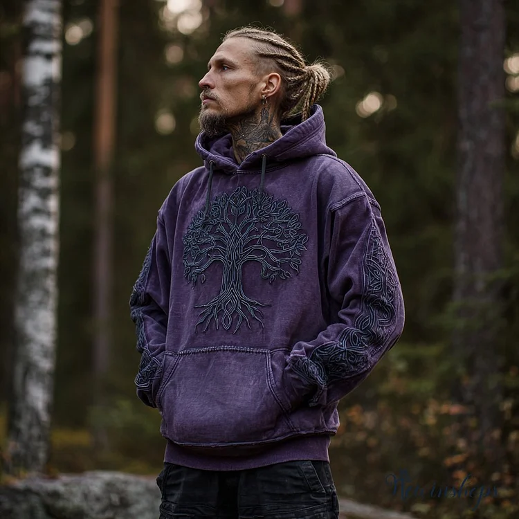 Men's Viking Celtic Knot Tree Of Life Embroidery Comfortable Warm Hoodie