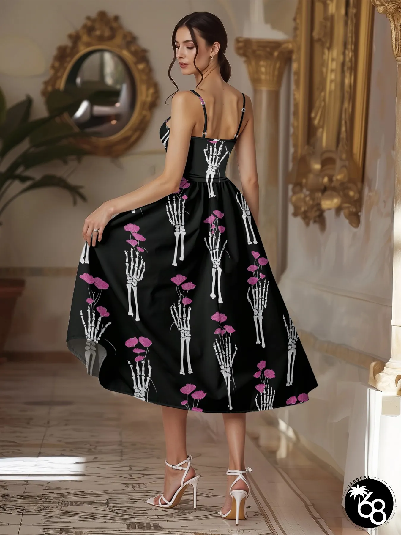 Womens Gothic Black Pink Skeleton Print Oversized Suspender Dress Soft Smooth Polyester | 168DEAL
