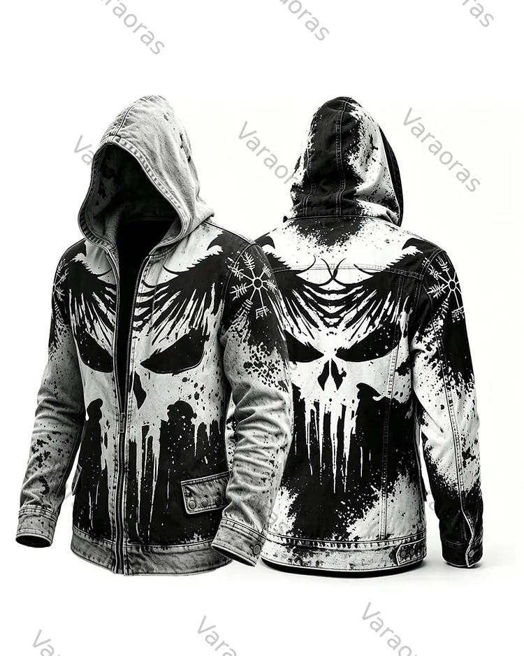 Men's Retro Fashion Skull Print Tie-Dye Cotton Linen Hooded Zip-Up Jacket 5417