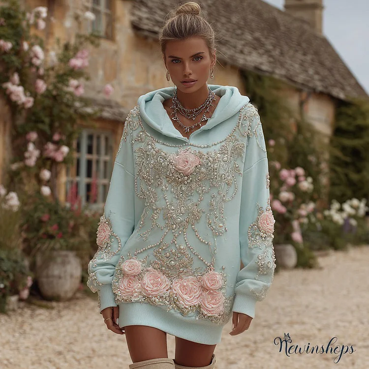 Women's Vintage Pink Rose Pearl Embroidery Pattern Cotton Long Hoodie