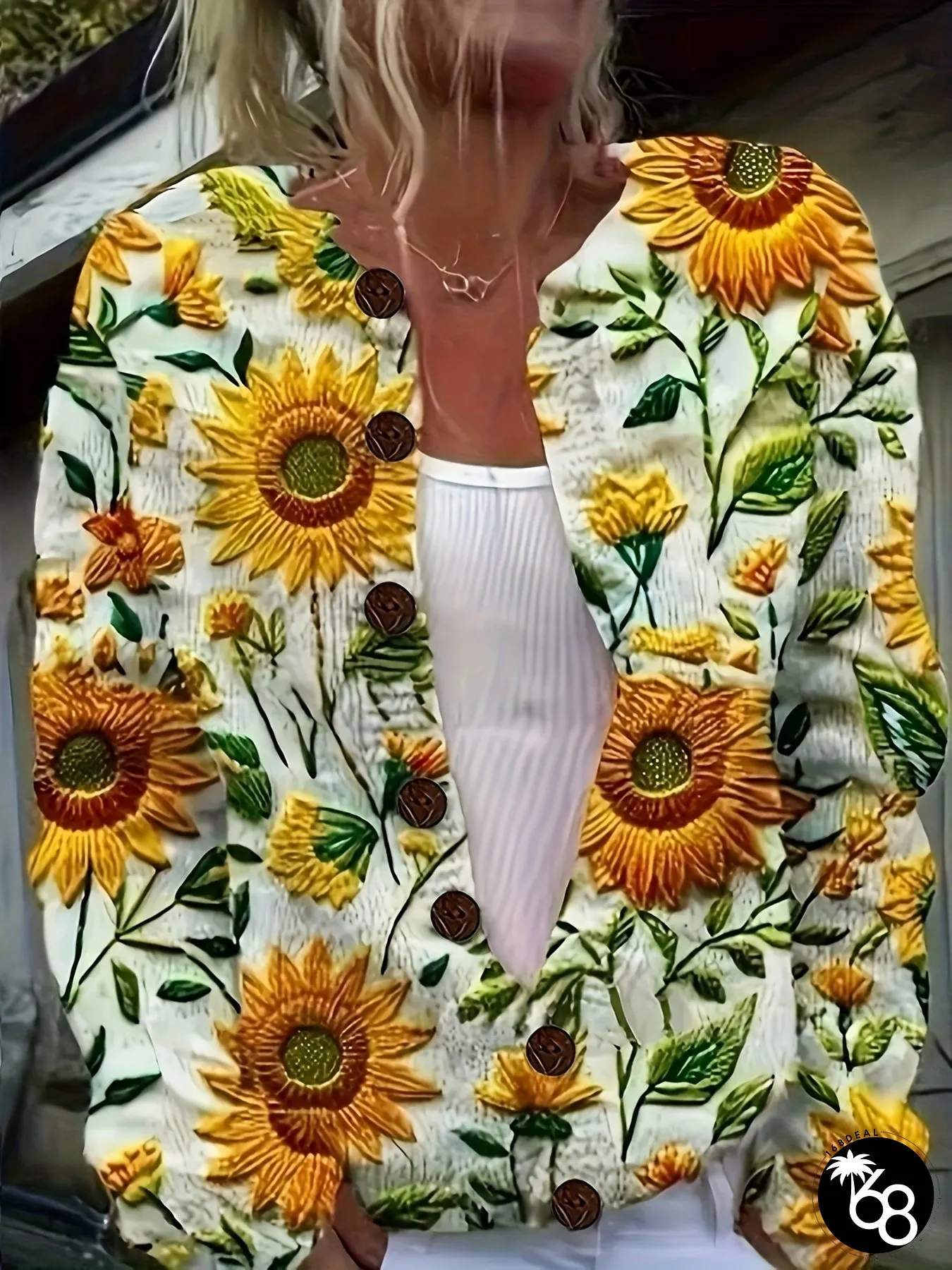Womens Vintage Sunflower Print Cardigan Polyester Suede-Like Fabric Long sleeve Button-up | 168DEAL
