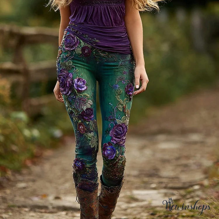 Women's Vintage Rose Floral Pattern Skinny Pants