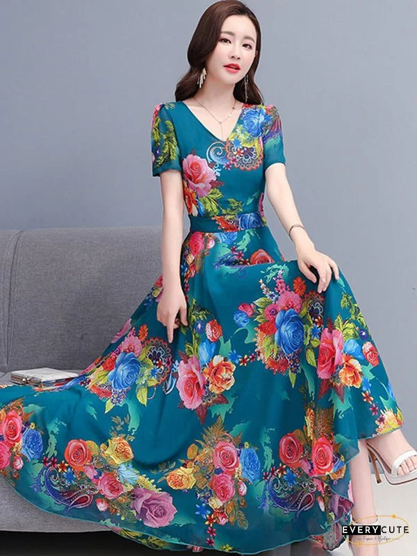 Women's Long Dress Maxi Dress Casual Dress Print Dress Floral Casual Daily Vacation Weekend Ruched Print Short Sleeve V Neck Dress Regular Fit Black Red Blue Spring Summer M L XL XXL 3XL