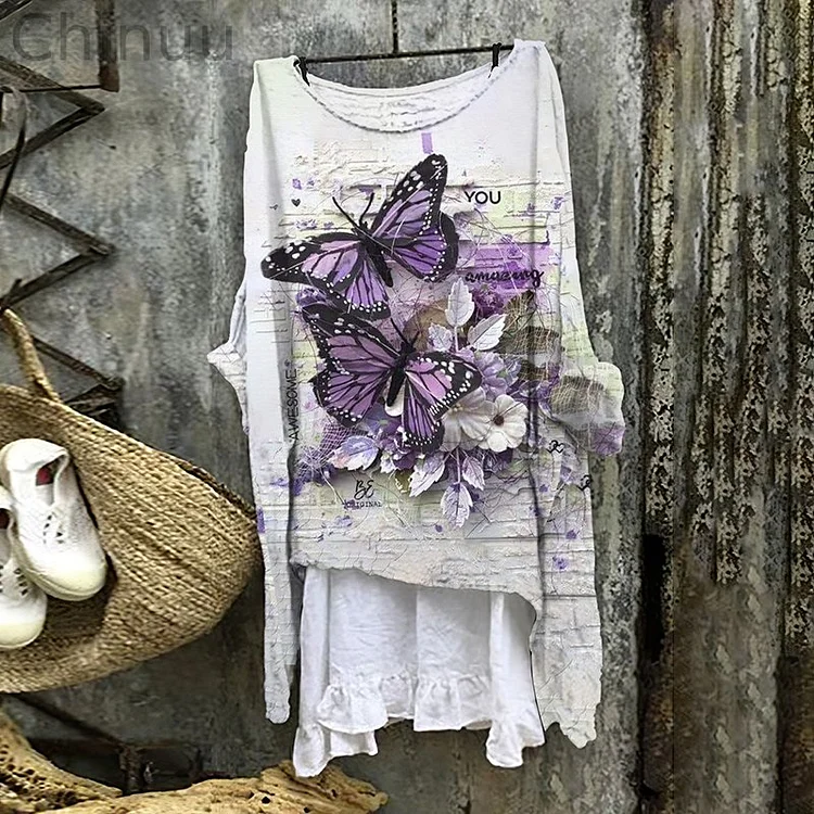 Women's Cotton Linen Butterfly Floral Art Round Neck Shirt