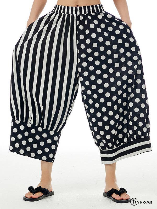Loose Wide Leg Contrast Color Elasticity Polka-Dot Split-Joint Striped Cropped Trousers Pants | IFYHOME