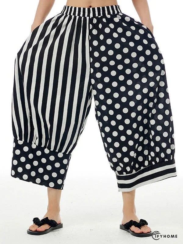 Loose Wide Leg Contrast Color Elasticity Polka-Dot Split-Joint Striped Cropped Trousers Pants | IFYHOME
