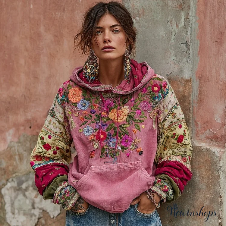 Women's Vintage Bohemian Floral Embroidery Patchwork Art Casual Hoodie