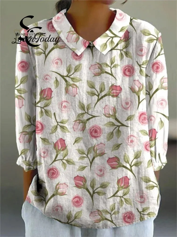 Women's Rose Print Casual Cotton And Linen 3/4 Sleeve Shirt