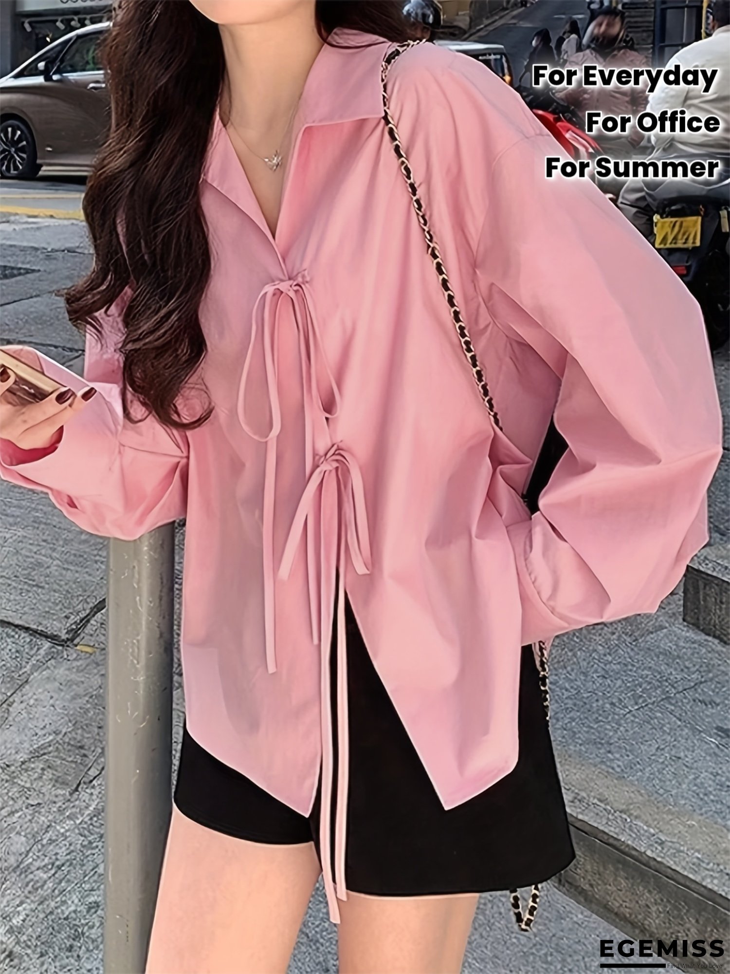 Women&lsquo;s Elegant Blouse - Soft Pink Long Sleeve Shirt with Bow-like Knot, Loose Fit Button-Front Blouse for Office, Party, Everyday - All-Season Women&lsquo;s Tops (Spring/Fall/Summer) - Easy-Care Chic Blouse, Party Attire, Collar Design, Lightweight Fabric | EGEMISS