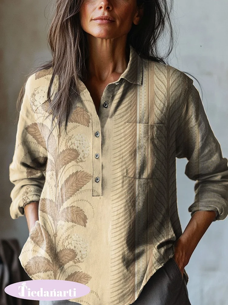 Women's Vintage Botanical Art Print Casual Cotton And Linen Shirt
