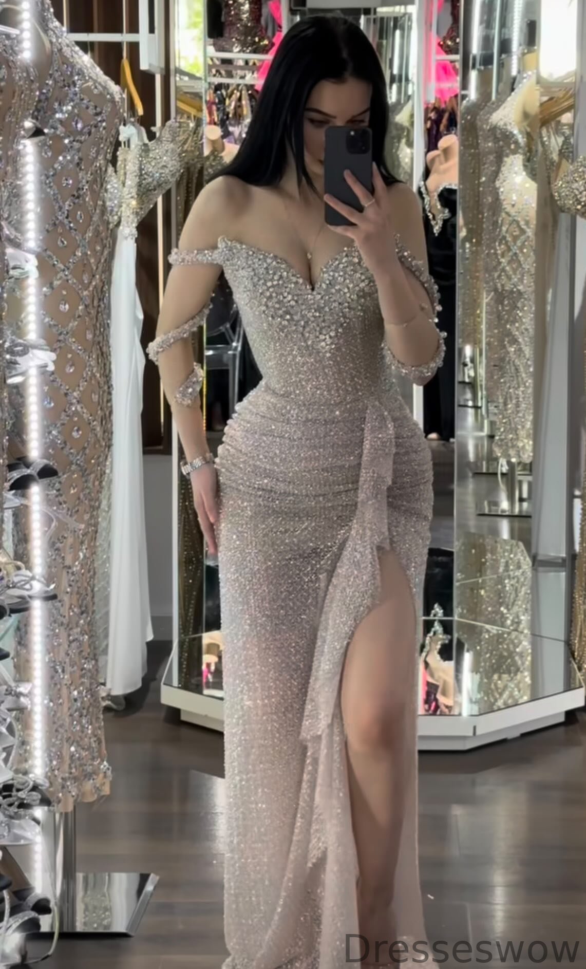 Dresseswow Sweetheart High Slit Formal Dresses Long With Beads Long