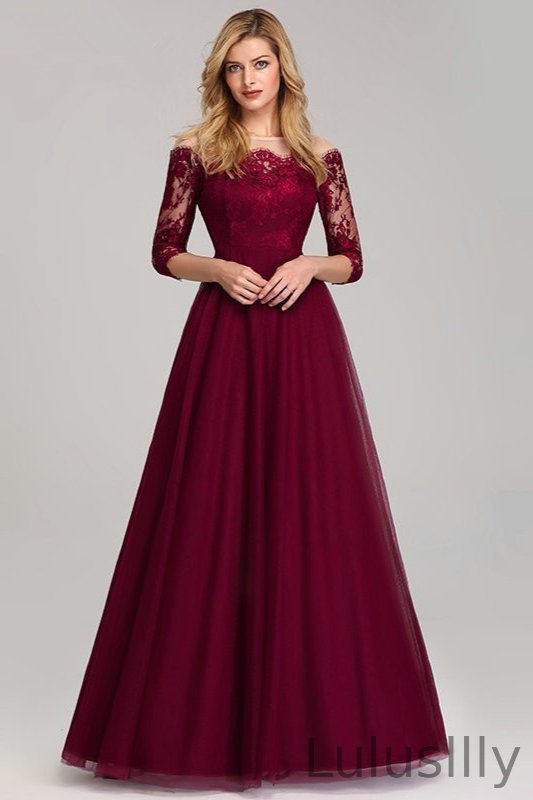 Gorgeous Long Sleeve Burgundy Prom Dress Lace Evening Party Gowns - lulusllly