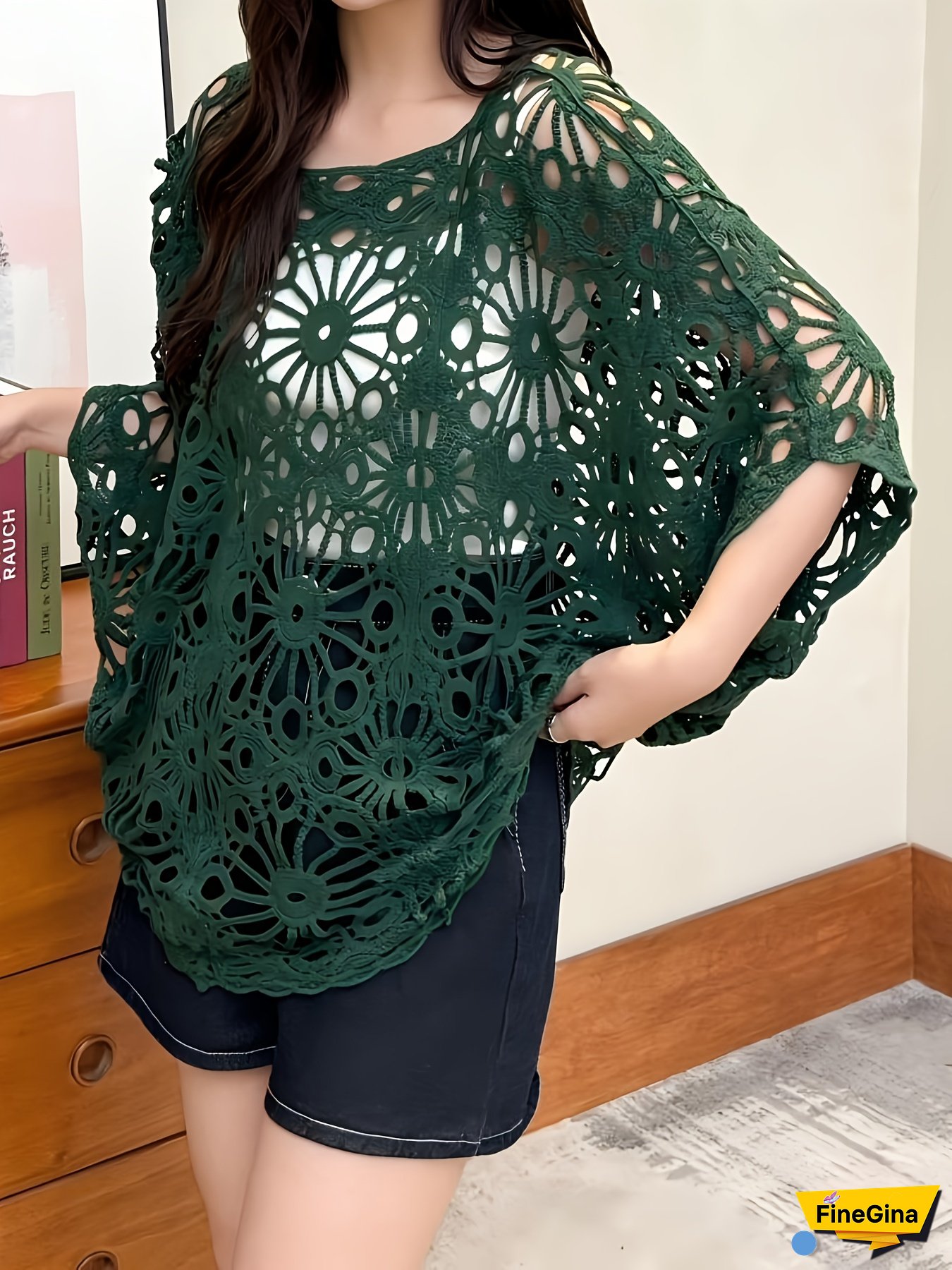 Women's Bohemian Lace Shirt - Semi-Sheer Batwing Sleeve Beach Cover Up, Round Neck Short Sleeve Blouse With Light Beige Tulle-Like Layer, Spring Summer Casual Elegant Outerwear For Poolside & Vacation (Hand Washable), Delicate Knitwear, Breathable Fabric