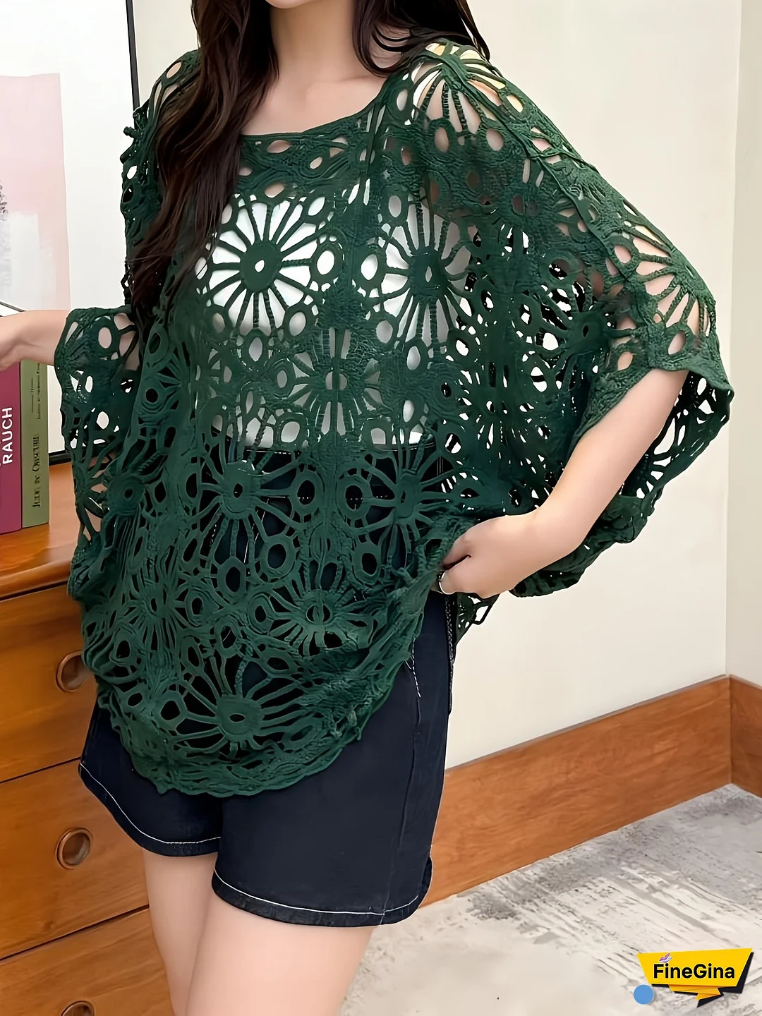 Women's Bohemian Lace Shirt - Semi-Sheer Batwing Sleeve Beach Cover Up, Round Neck Short Sleeve Blouse With Light Beige Tulle-Like Layer, Spring Summer Casual Elegant Outerwear For Poolside & Vacation (Hand Washable), Delicate Knitwear, Breathable Fabric